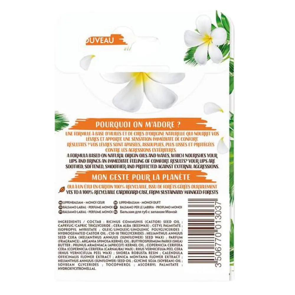 Parte posterior del empaque del bálsamo labial Lovea Monoï con descripciones en francés e inglés sobre ingredientes naturales, beneficios para los labios y compromiso ecológico con cartón reciclable. Incluye lista completa de ingredientes y código de barras. Decorado con flores blancas.