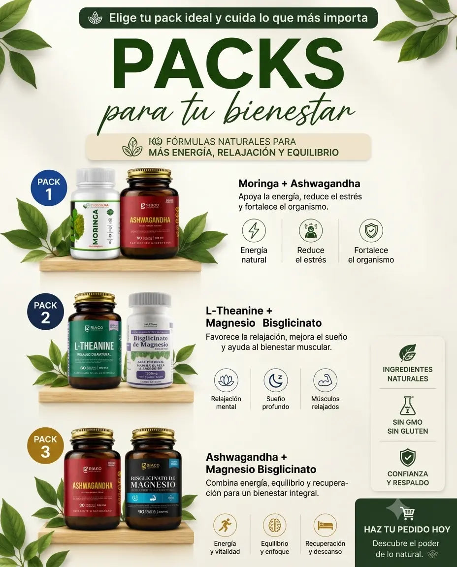 Banner Packs RI&CO Moringa Ashwagandha L-Theanine y Magnesio Bisglicinato energía relajación y equilibrio
