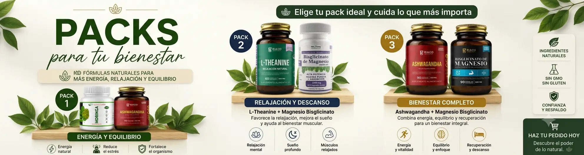 Banner Packs RI&CO Moringa Ashwagandha L-Theanine y Magnesio Bisglicinato energía relajación y equilibrio