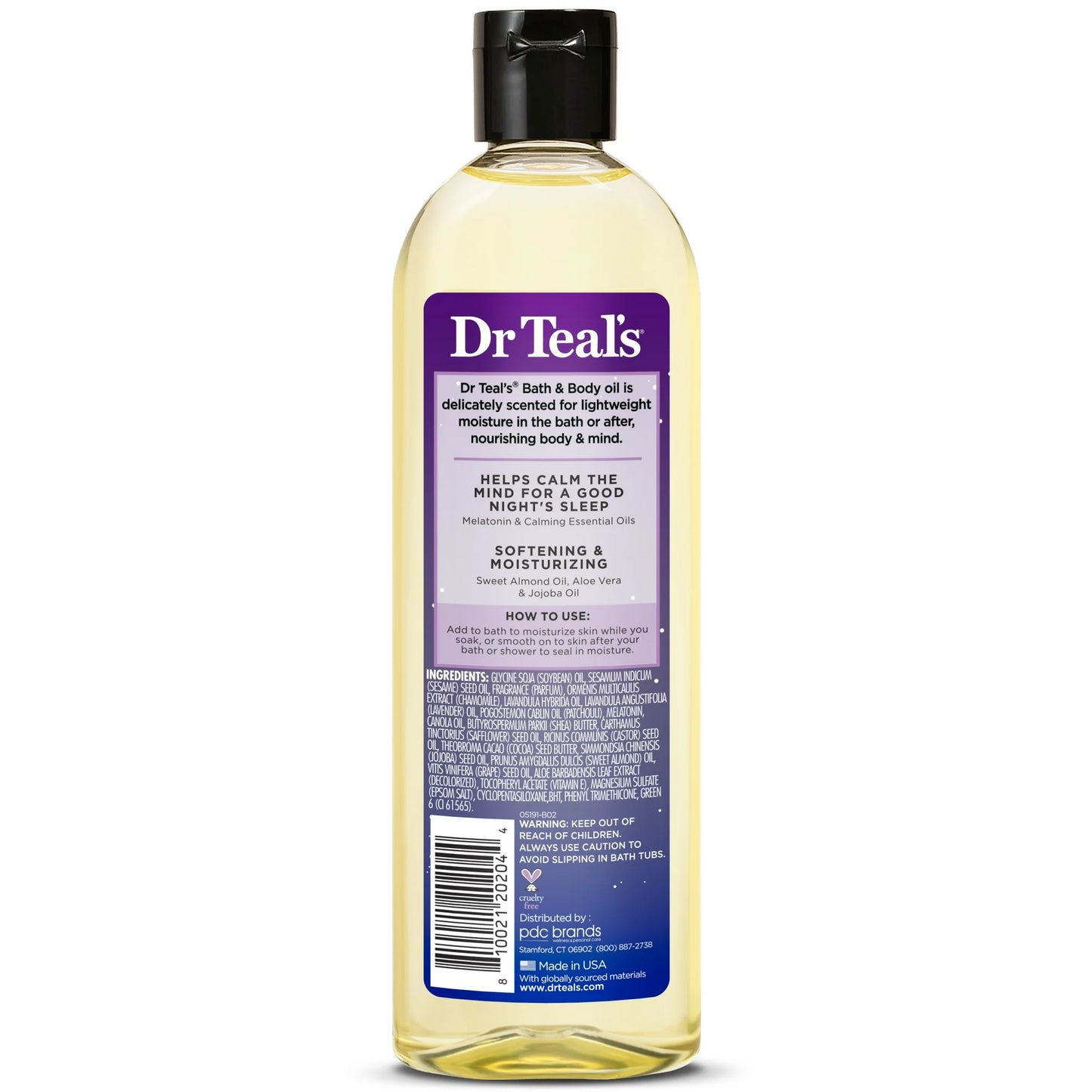 Frasco de aceite corporal y de baño del Dr. Teal con lavanda y manzanilla calmantes para un sueño reparador y una hidratación intensa.