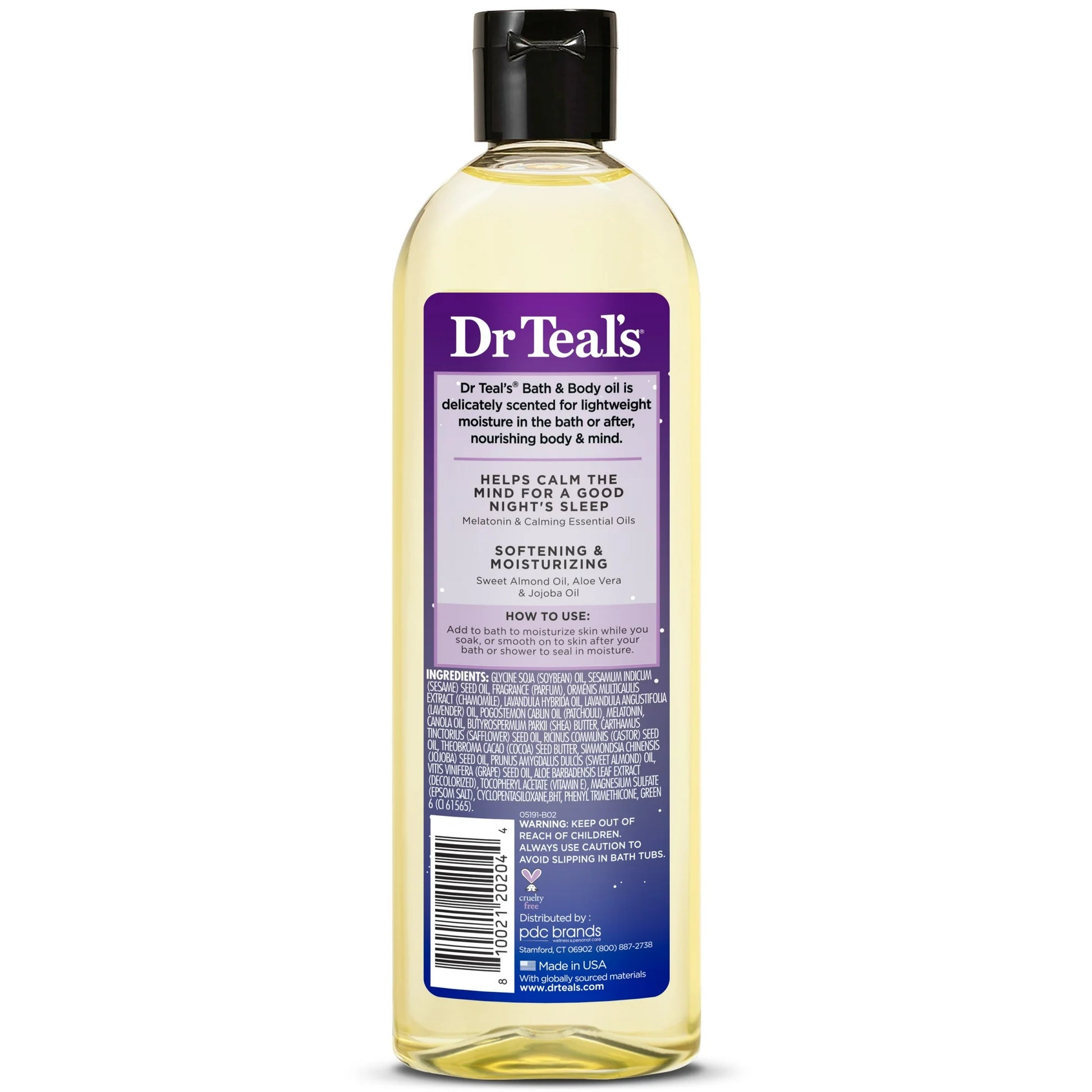 Frasco de aceite corporal y de baño del Dr. Teal con lavanda y manzanilla calmantes para un sueño reparador y una hidratación intensa.