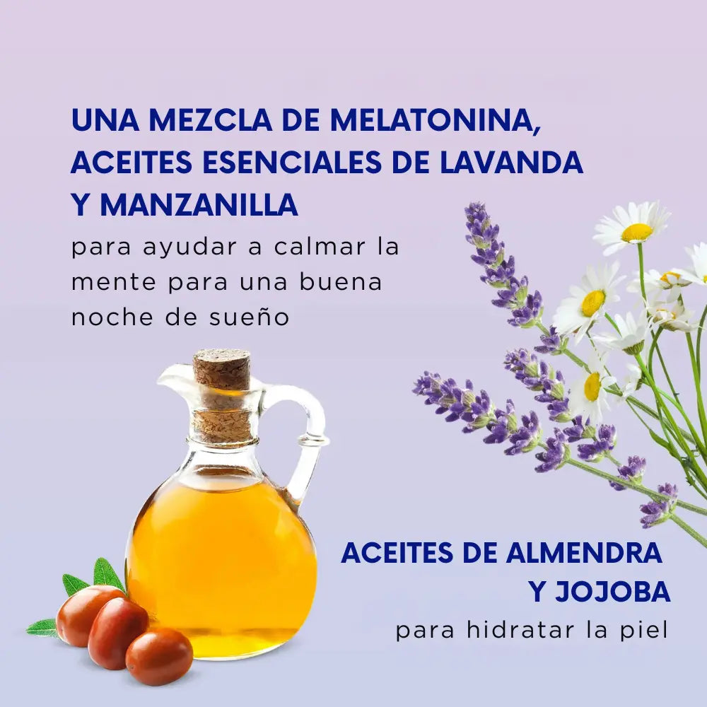 Mezcla de melatonina y aceites esenciales de lavanda y manzanilla para un sueño reparador y piel hidratada.