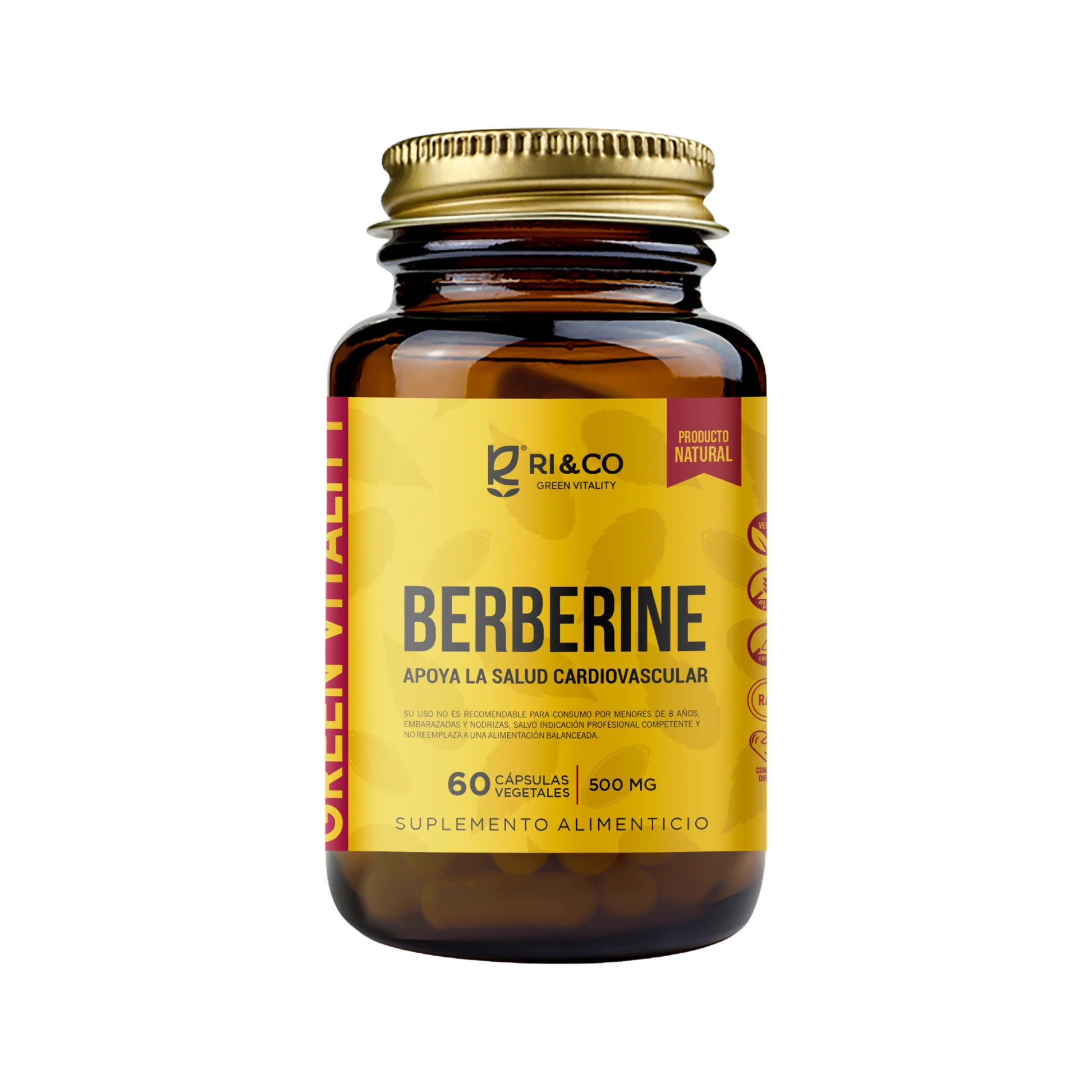 Frasco de suplemento Ri&Co Berberine de 500 mg, 60 cápsulas vegetales, etiqueta amarilla con texto “Apoya la salud cardiovascular” y sello de “Producto Natural”.