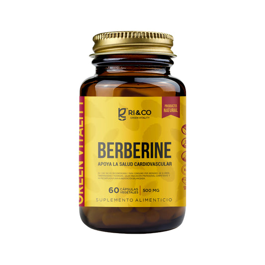 Frasco de suplemento Ri&Co Berberine de 500 mg, 60 cápsulas vegetales, etiqueta amarilla con texto “Apoya la salud cardiovascular” y sello de “Producto Natural”.