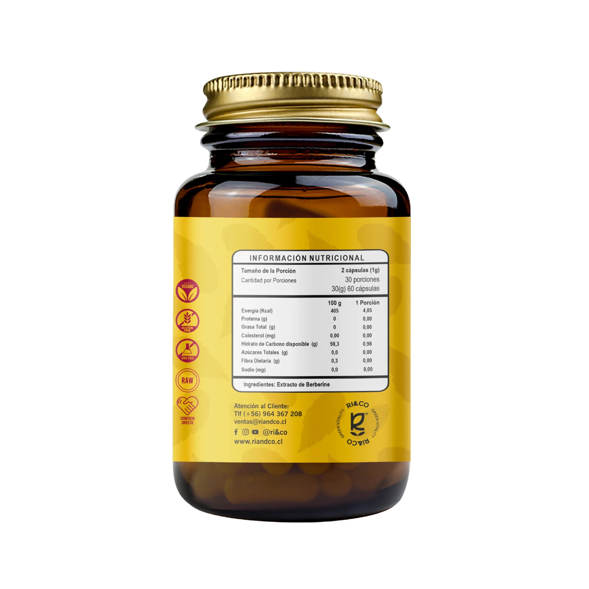 Vista trasera de frasco de suplemento Ri&Co Berberine de 500 mg, 60 cápsulas vegetales. Incluye tabla nutricional que detalla 2 cápsulas por porción (1 g), con extracto de berberina como único ingrediente, junto a iconos de características del producto y datos de contacto de la marca.