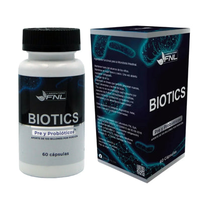 Frasco y caja Biotics FNL pre y probióticos, aporte de 100 billones por porción, 60 cápsulas