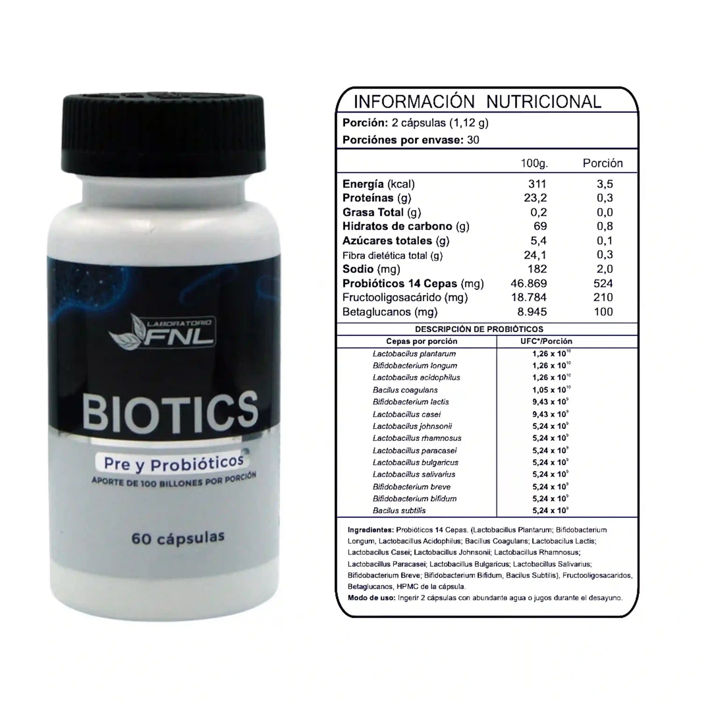 Frasco Biotics FNL con tabla de información nutricional, 14 cepas de probióticos, 60 cápsulas