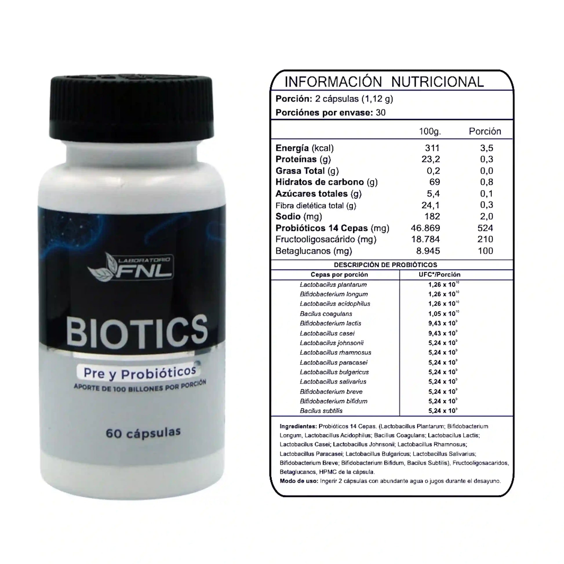 Frasco Biotics FNL con tabla de información nutricional, 14 cepas de probióticos, 60 cápsulas
