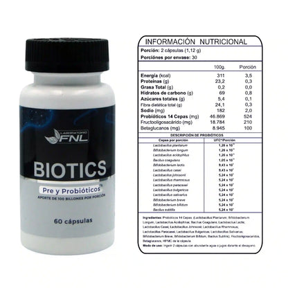 Frasco Biotics FNL con tabla de información nutricional, 14 cepas de probióticos, 60 cápsulas