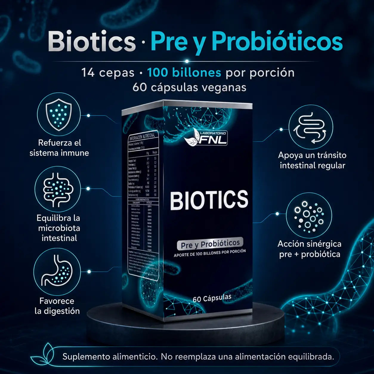 Infografía Biotics FNL pre y probióticos, 14 cepas, 100 billones por porción, 60 cápsulas veganas