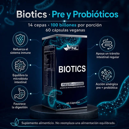 Infografía Biotics FNL pre y probióticos, 14 cepas, 100 billones por porción, 60 cápsulas veganas