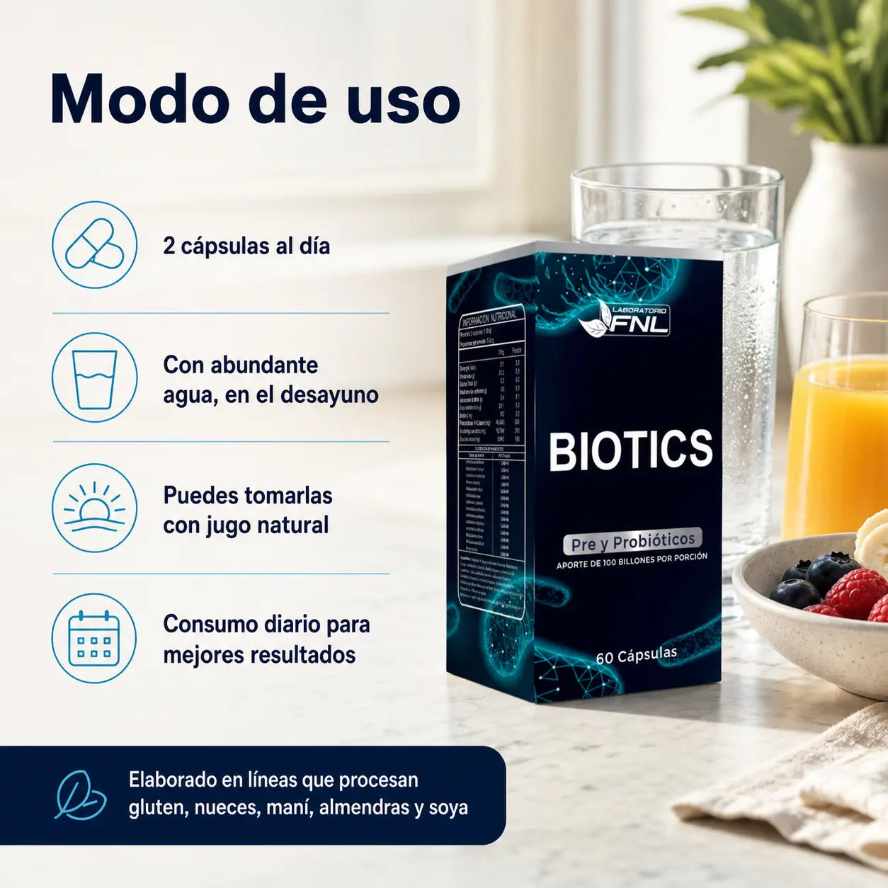 Infografía modo de uso Biotics FNL pre y probióticos: 2 cápsulas al día con agua, en el desayuno