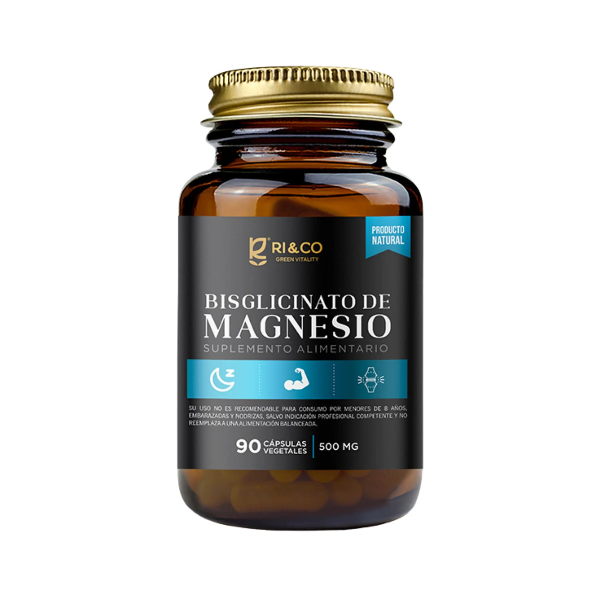 Frasco de suplemento alimenticio Bisglicinato de Magnesio de la marca RI&CO Green Vitality. Contiene 90 cápsulas vegetales de 500 mg. Etiqueta en colores negro y azul, con iconos que sugieren beneficios para el sueño, los músculos y el sistema nervioso. Sello azul con texto ‘Producto Natural’ en la parte superior derecha.