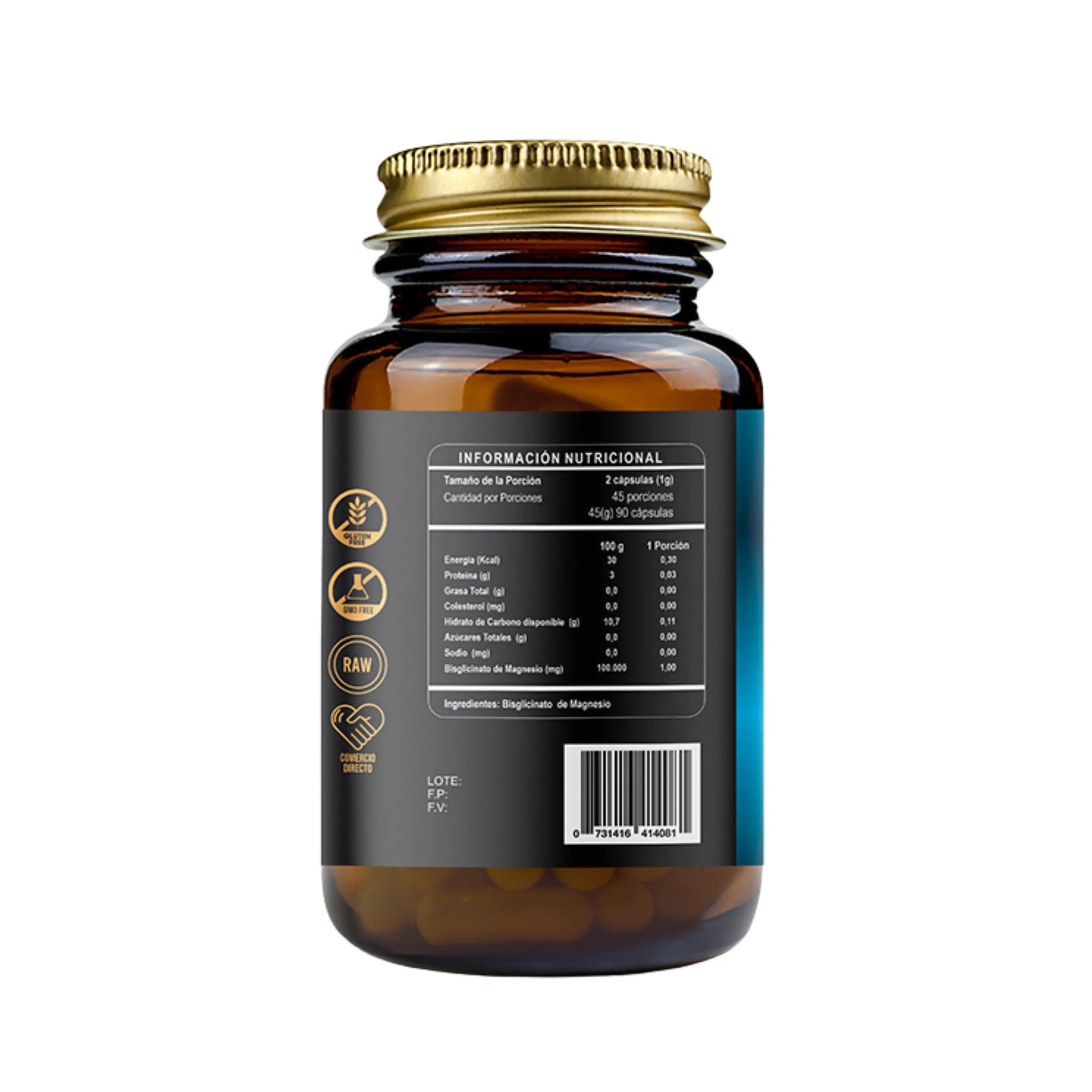 Vista trasera del frasco de suplemento alimenticio Bisglicinato de Magnesio RI&CO. Muestra tabla nutricional que detalla una porción de 2 cápsulas (1g) con 1000 mg de bisglicinato de magnesio. También incluye íconos de certificaciones: gluten free, sugar free, RAW y conexión directa.