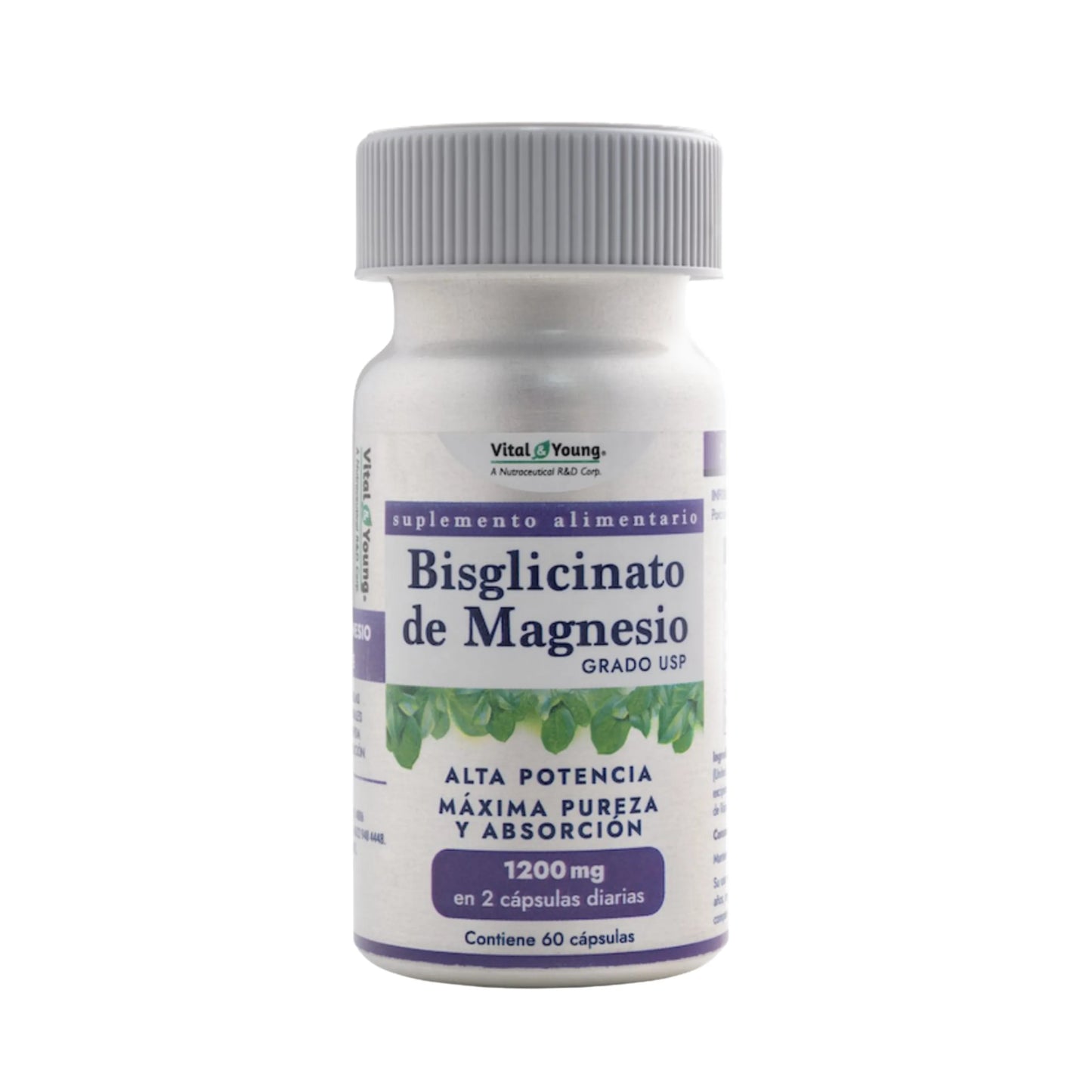 Bisglicinato de Magnesio 600mg frasco frontal, suplemento alta potencia 60 cápsulas