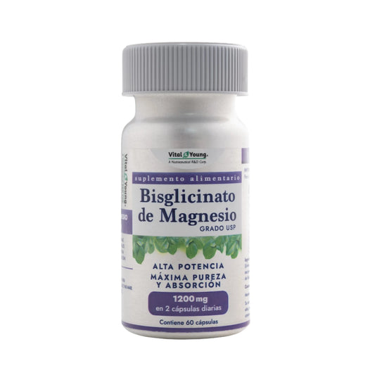 Bisglicinato de Magnesio 600mg frasco frontal, suplemento alta potencia 60 cápsulas