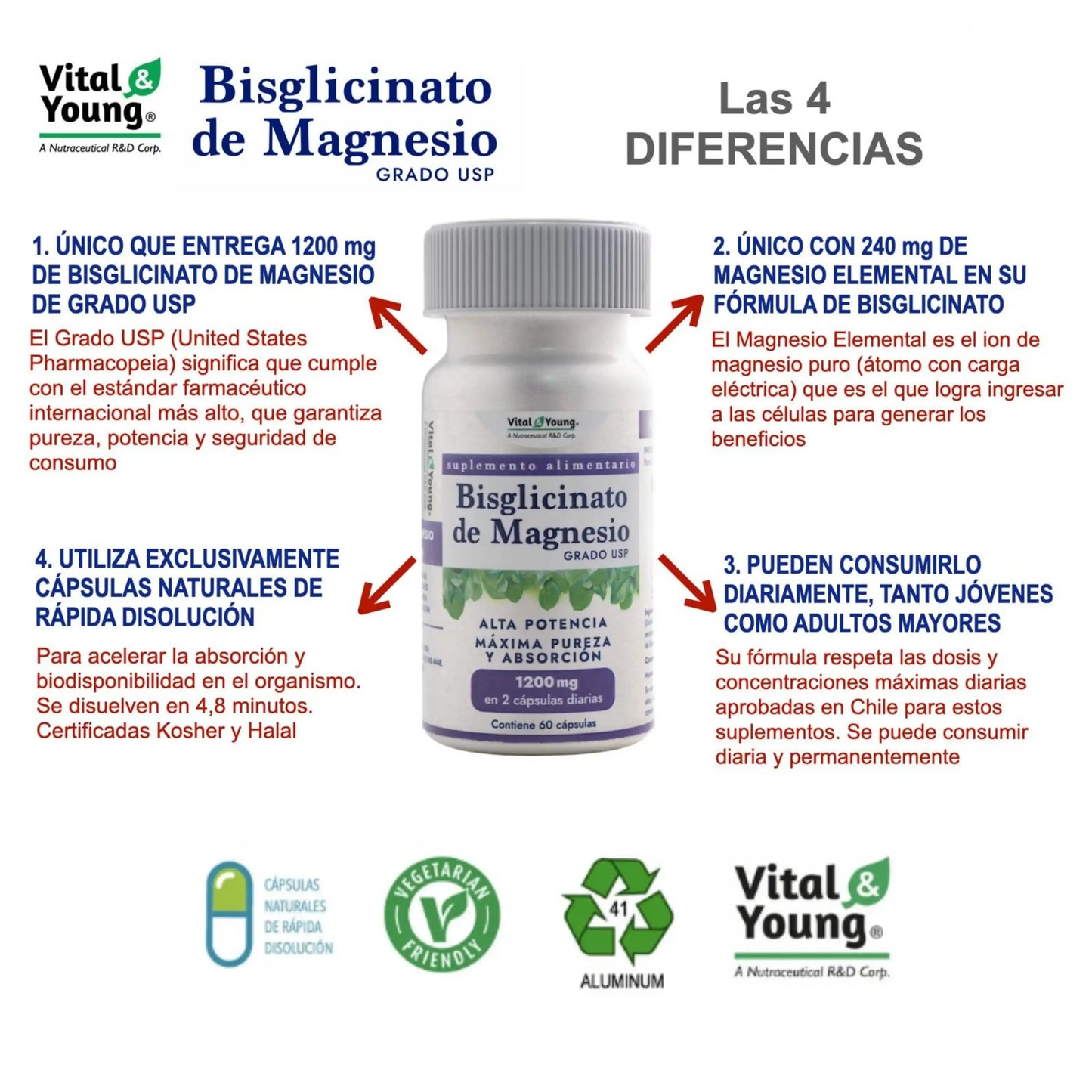 Infografía Bisglicinato de Magnesio USP 1200mg: grado farmacéutico, absorción rápida y consumo diario