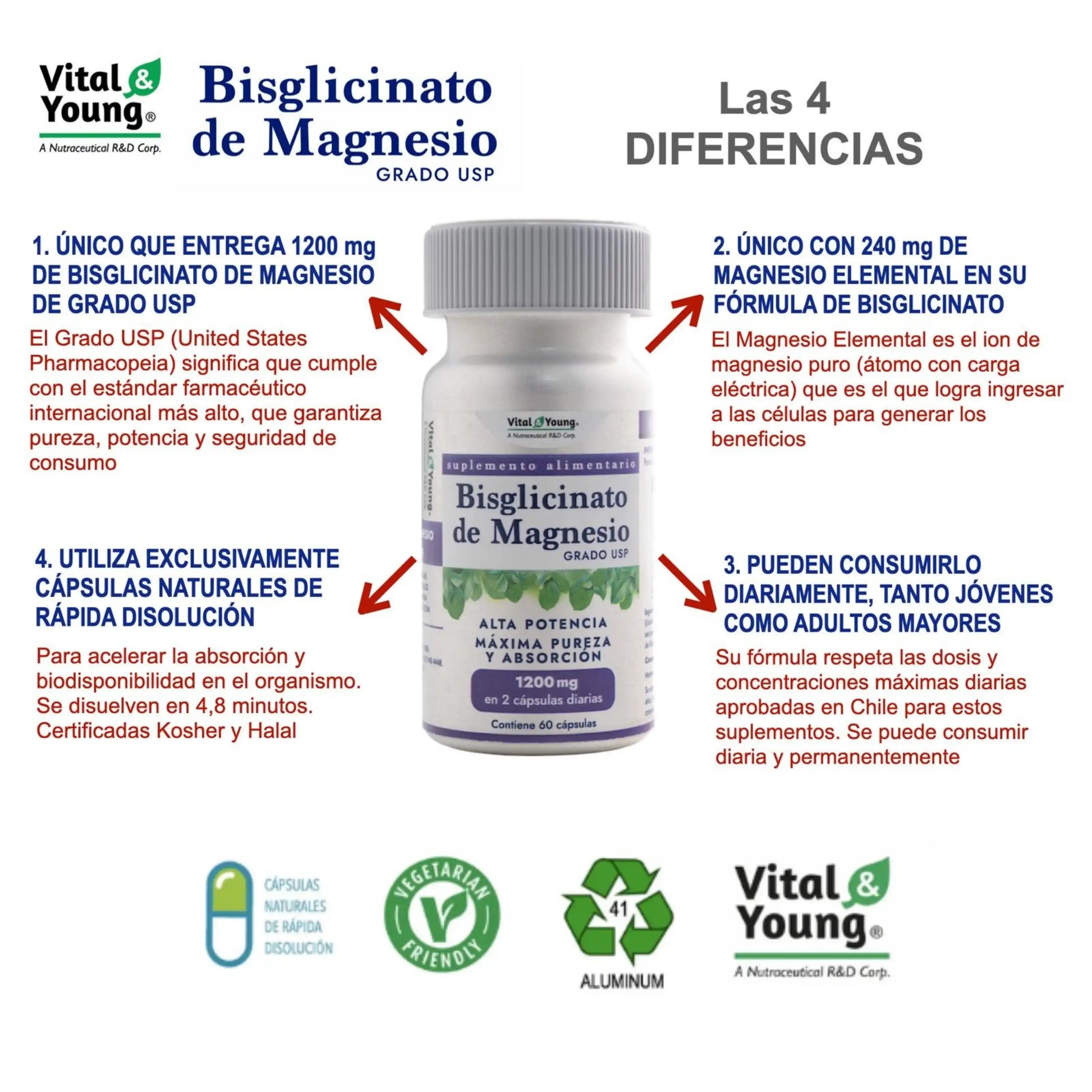 Infografía Bisglicinato de Magnesio USP 1200mg: grado farmacéutico, absorción rápida y consumo diario