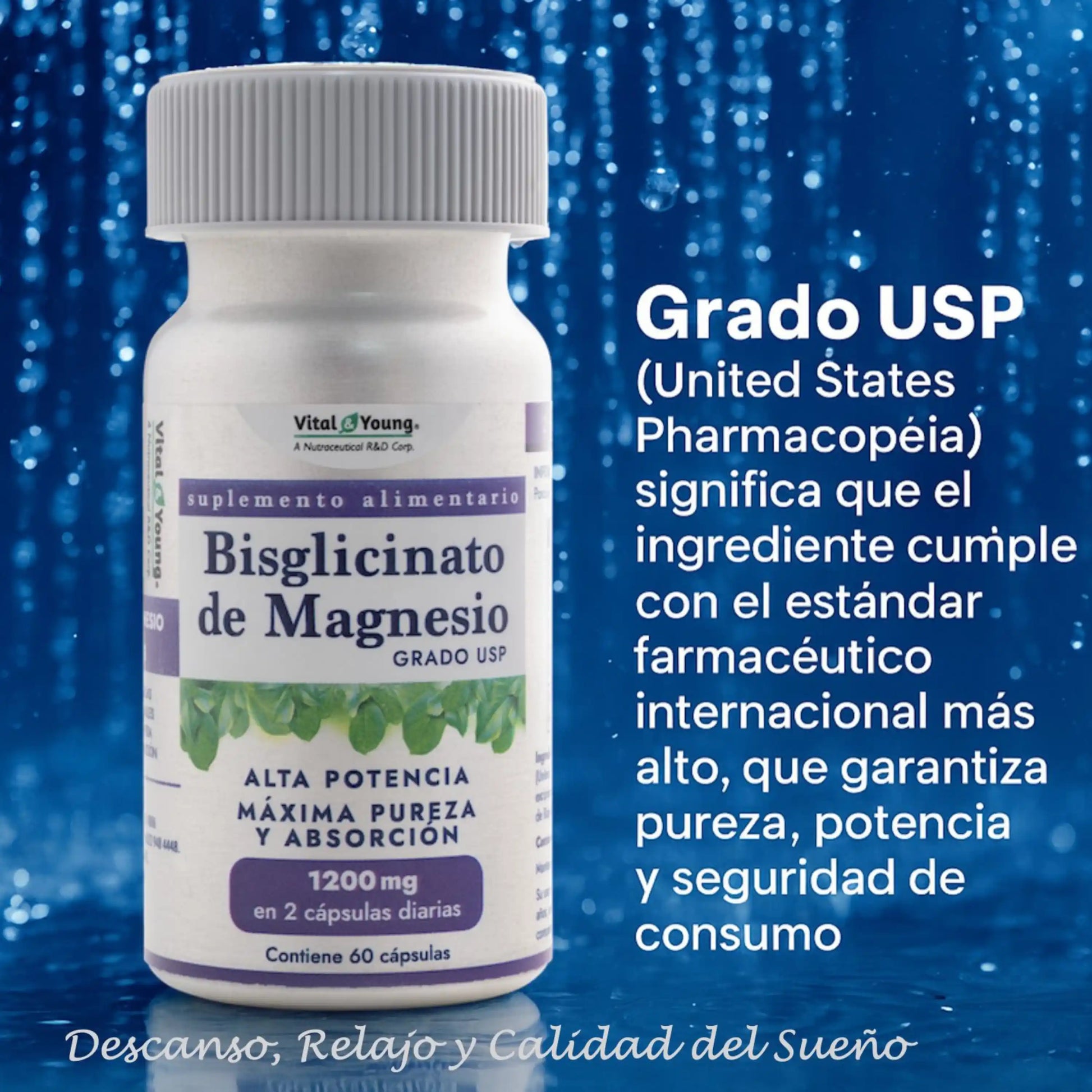 Bisglicinato de Magnesio Grado USP 600mg Vital & Young frasco, suplemento alta potencia máxima pureza