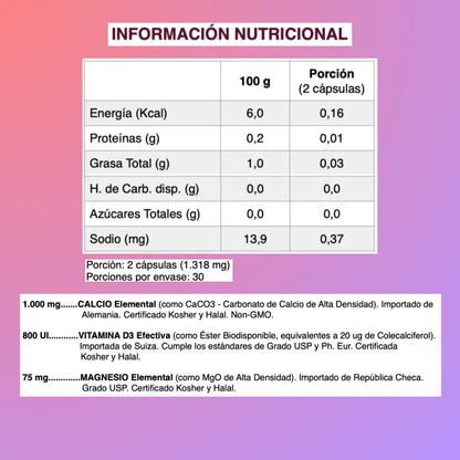Tabla nutricional del suplemento CalciDEN activo. Cada porción de 2 cápsulas (1.318 mg) contiene 1.000 mg de calcio elemental, 800 UI de vitamina D3 efectiva y 75 mg de magnesio elemental. Libre de azúcares, carbohidratos y grasas. Certificaciones Kosher, Halal y grado USP.