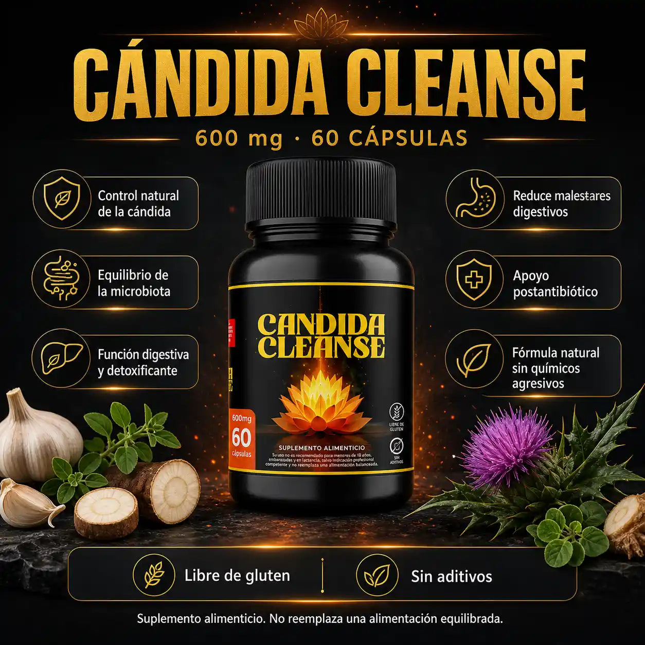 Infografía Cándida Cleanse 600mg 60 cápsulas control cándida microbiota digestión detox sin gluten