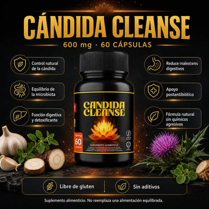Infografía Cándida Cleanse 600mg 60 cápsulas control cándida microbiota digestión detox sin gluten