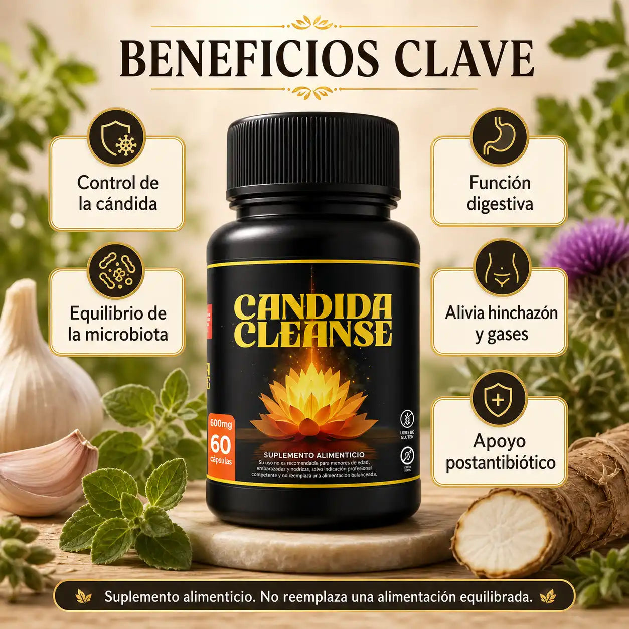 Infografía beneficios Cándida Cleanse 600mg control cándida microbiota digestión hinchazón apoyo postantibiótico