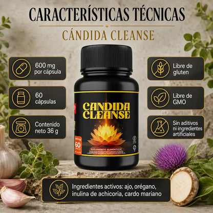 Características técnicas Cándida Cleanse 600mg 60 cápsulas ajo orégano inulina cardo mariano sin gluten GMO Free