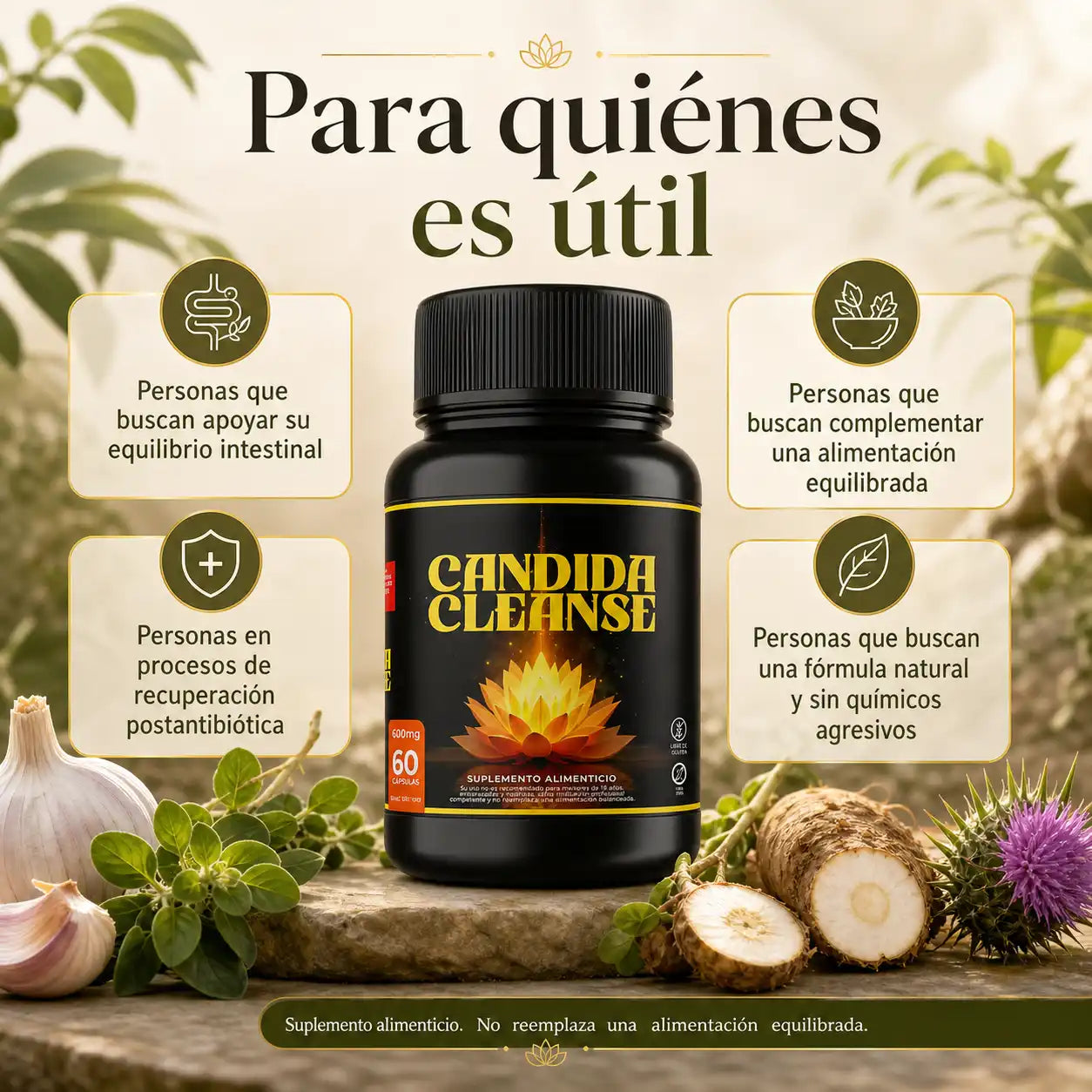 Infografía para quiénes es útil Cándida Cleanse equilibrio intestinal recuperación postantibiótica fórmula natural