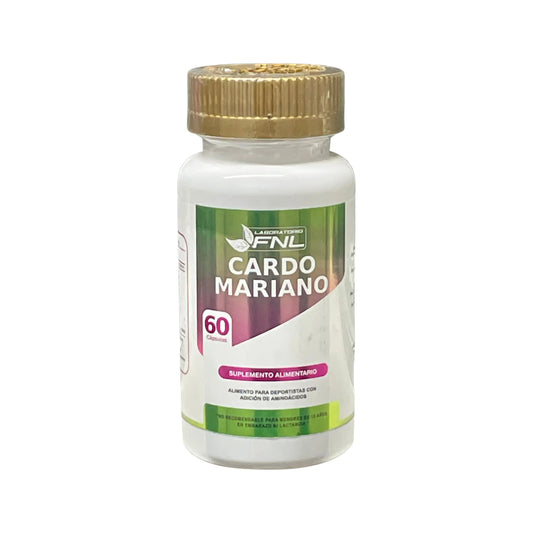 Frasco de suplemento alimentario Cardo Mariano de Laboratorio FNL, con 60 cápsulas. Etiqueta en tonos verde, blanco y fucsia. Indicado como alimento para deportistas con adición de aminoácidos. No recomendable para menores de 18 años, embarazo y lactancia.