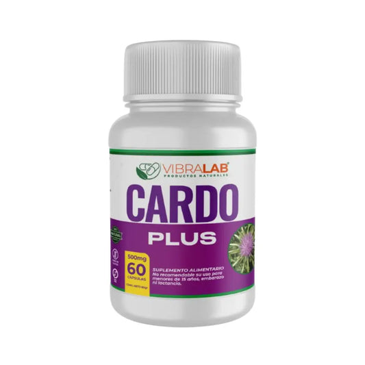 Frasco de suplemento alimenticio Cardo Plus de la marca Vibralab, con tapa blanca y etiqueta morada. Contiene 60 cápsulas de 500 mg. Indicado como apoyo natural, no recomendado para menores de 15 años, embarazadas o en lactancia. Etiqueta destaca ingredientes naturales y advertencias de uso.