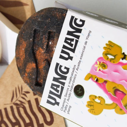 Foto en primer plano de un champú sólido oscuro Ylang Ylang de la marca Katmandú, acompañado de su caja con diseño gráfico colorido. Indicado para cabello seco y maltratado, con ingredientes como plata, ácido hialurónico y aceite esencial de Ylang.