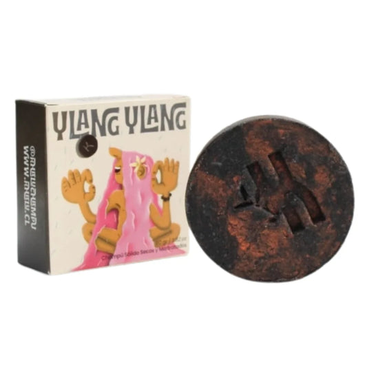 Foto de un champú sólido oscuro con tonalidades rojizas y relieve de rama y letra “K”, junto a su empaque ilustrado con una figura femenina de cabello rosado y flor de Ylang Ylang. Diseñado para cabello seco y maltratado.