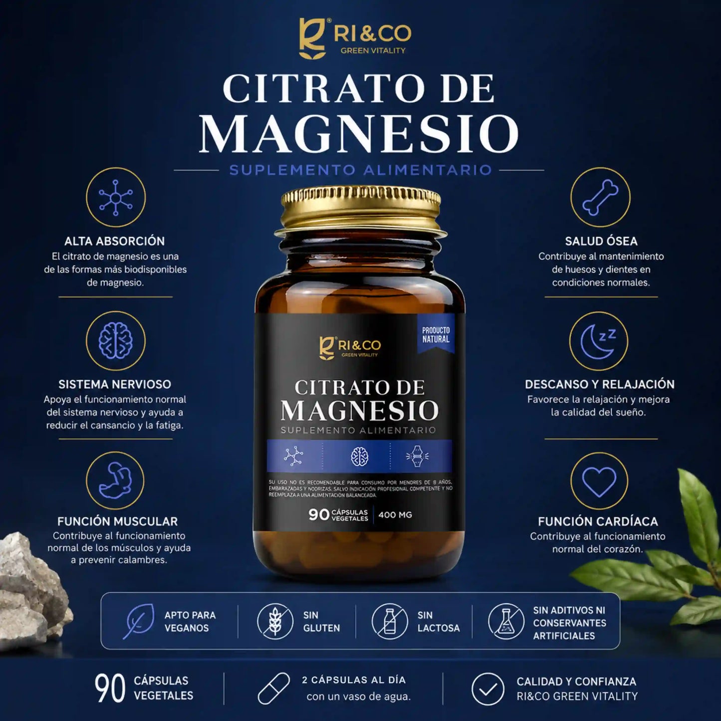 Citrato de Magnesio RI&CO 400mg 90 cápsulas sistema nervioso función muscular salud ósea y sueño vegano