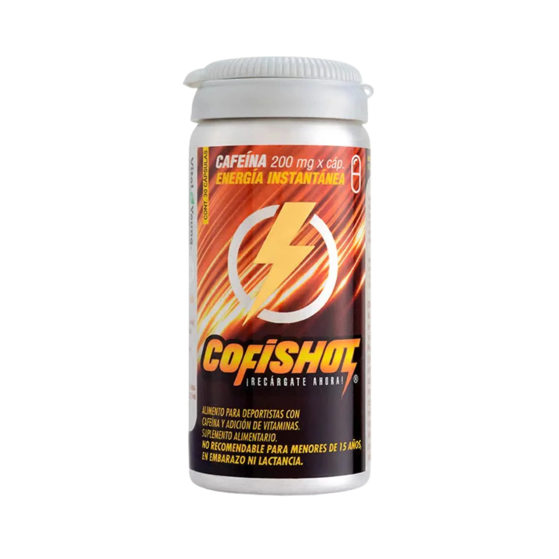 Frasco de 30 cápsulas de Cofishot, suplemento alimenticio con 200 mg de cafeína por cápsula para energía instantánea. Diseñado para deportistas, con adición de vitaminas. No recomendado para menores de 15 años, embarazadas o en lactancia.