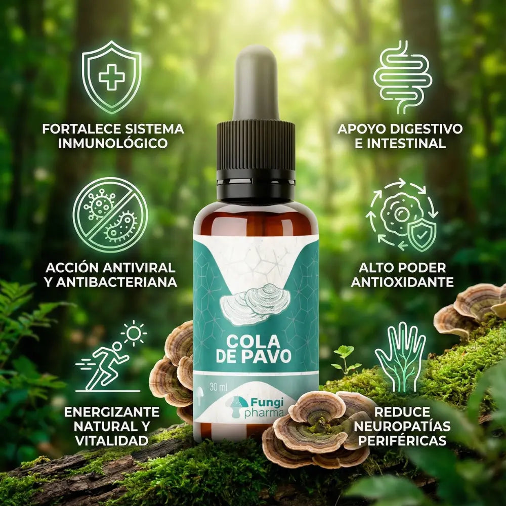Extracto de Cola de Pavo de Fungi Pharma en gotero, con beneficios inmunológicos, antivirales, antioxidantes y digestivos naturales.