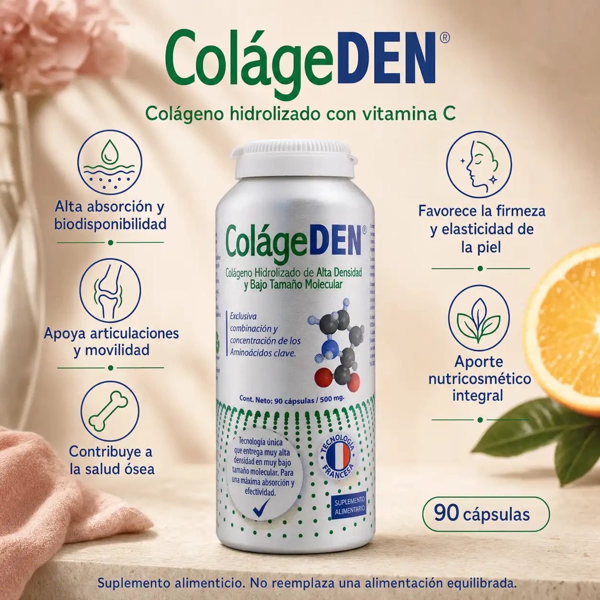 Infografía ColágeDEN colágeno hidrolizado con vitamina C, piel, articulaciones y huesos, 90 cápsulas