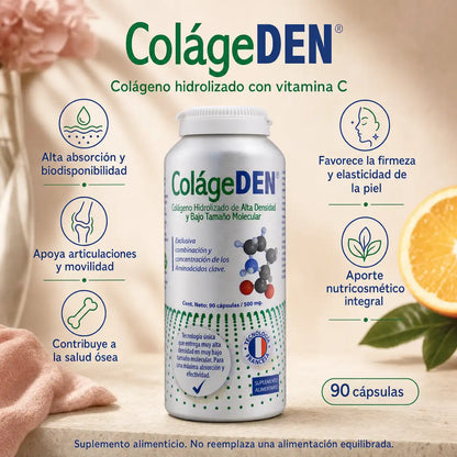 Infografía ColágeDEN colágeno hidrolizado con vitamina C, piel, articulaciones y huesos, 90 cápsulas