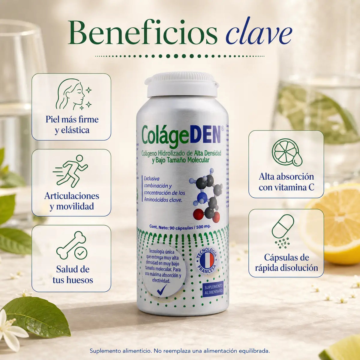 Infografía beneficios clave ColágeDEN colágeno hidrolizado: piel firme, articulaciones, huesos, vitamina C