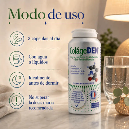 Infografía modo de uso ColágeDEN: 3 cápsulas al día con agua, idealmente antes de dormir, 90 cápsulas
