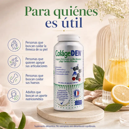 Infografía para quién es útil ColágeDEN: firmeza de la piel, articulaciones, huesos, nutricosmético