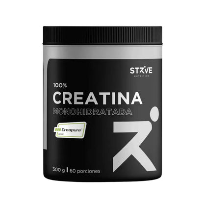 Frasco Creatina monohidratada Strive Nutrition con Creapure®, suplemento de 300 g para 60 porciones, ideal para fuerza y rendimiento deportivo.