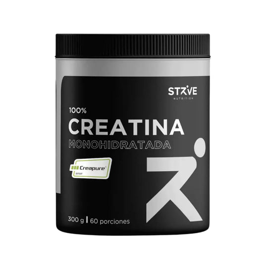 Frasco Creatina monohidratada Strive Nutrition con Creapure®, suplemento de 300 g para 60 porciones, ideal para fuerza y rendimiento deportivo.