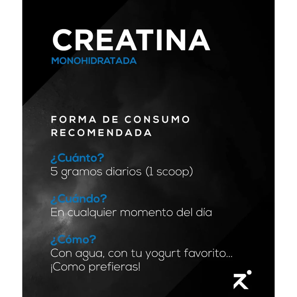 Forma de consumo Creatina Monohidratada Strive 5g diarios disolver en agua o yogurt cualquier momento
