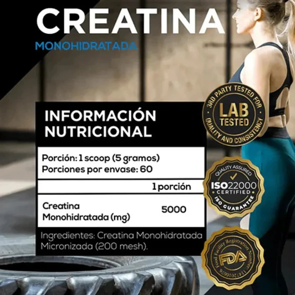 Información nutricional Creatina Monohidratada Micronizada 5000mg por porción certificada ISO22000 y FDA