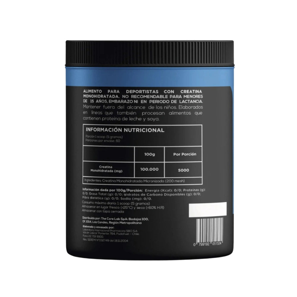 Reverso Creatina Monohidratada Strive tabla nutricional 5000mg por porción 60 porciones para deportistas