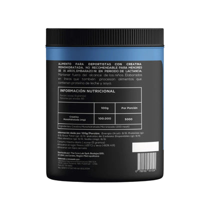 Reverso Creatina Monohidratada Strive tabla nutricional 5000mg por porción 60 porciones para deportistas