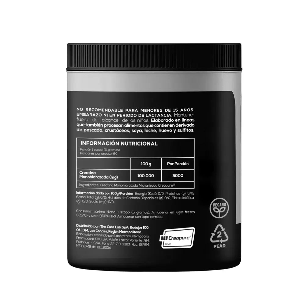Creatina Monohidratada Creapure reverso, tabla nutricional e ingredientes 5000mg por porción