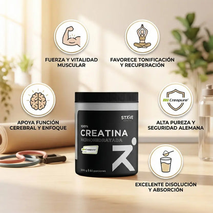 Infografía Creatina monohidratada Strive con Creapure® para fuerza muscular, enfoque mental, disolución eficaz y pureza alemana.