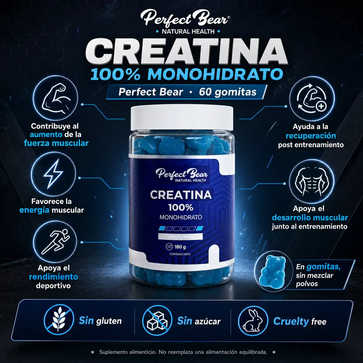 Infografía Creatina 100% Monohidrato Perfect Bear 60 gomitas fuerza muscular rendimiento sin gluten sin azúcar